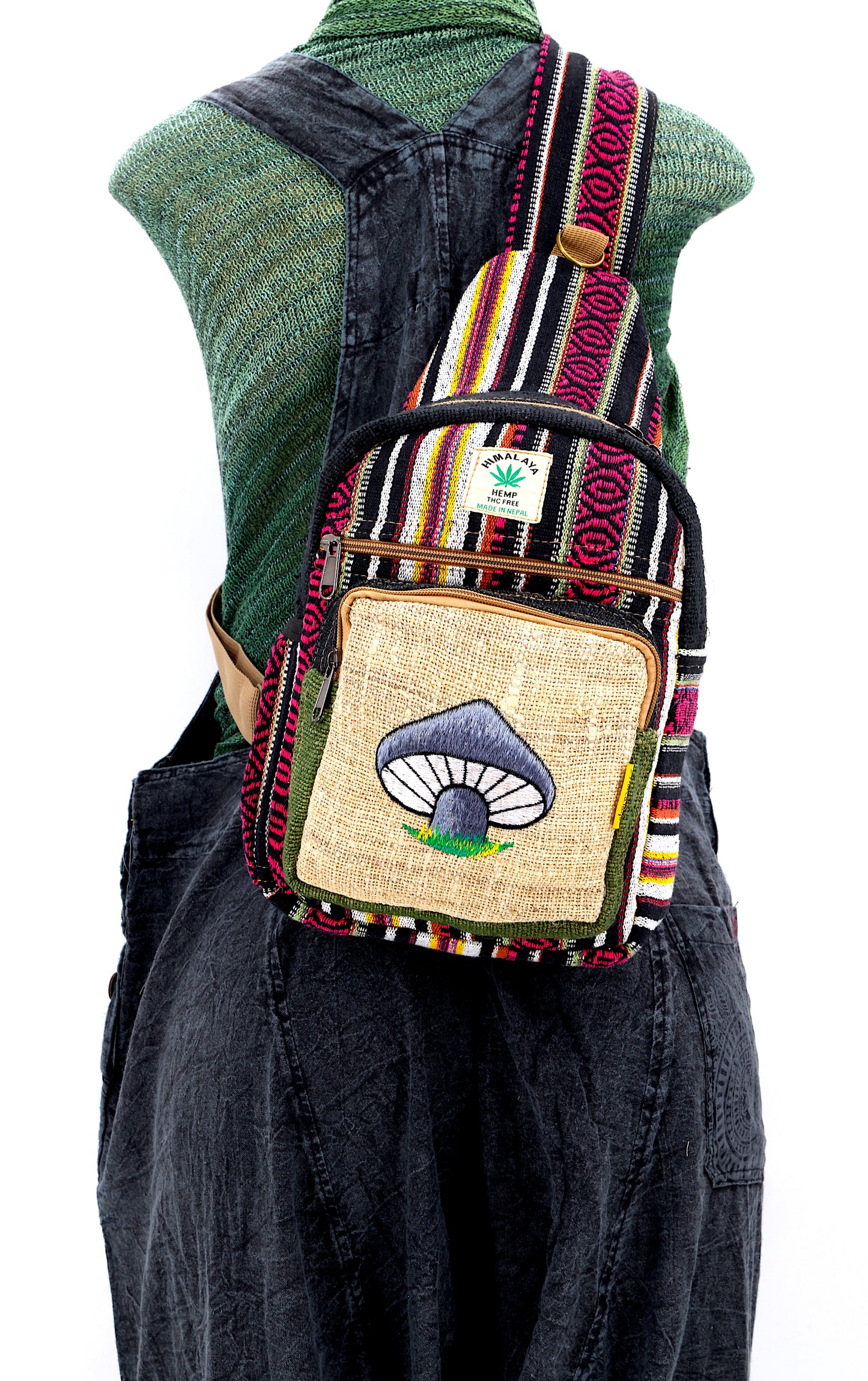 Hemp Mushroom Hand Embroidered Sling Backpack