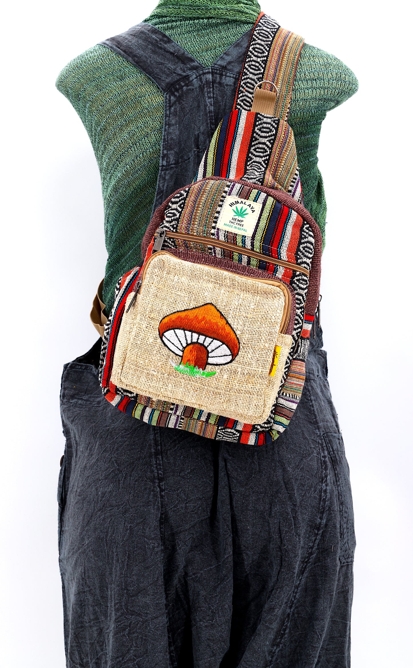 Hemp Mushroom Hand Embroidered Sling Backpack