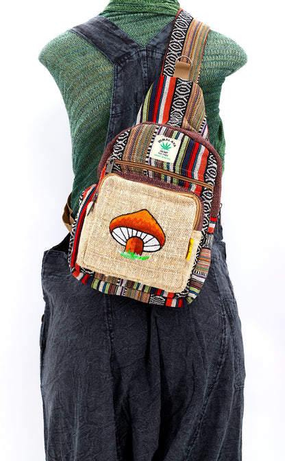 Mushroom Hemp Sling Backpack | Embroidered Shoulder Bag