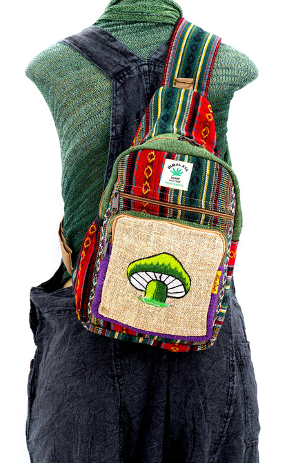 Mushroom Hemp Sling Backpack | Embroidered Shoulder Bag