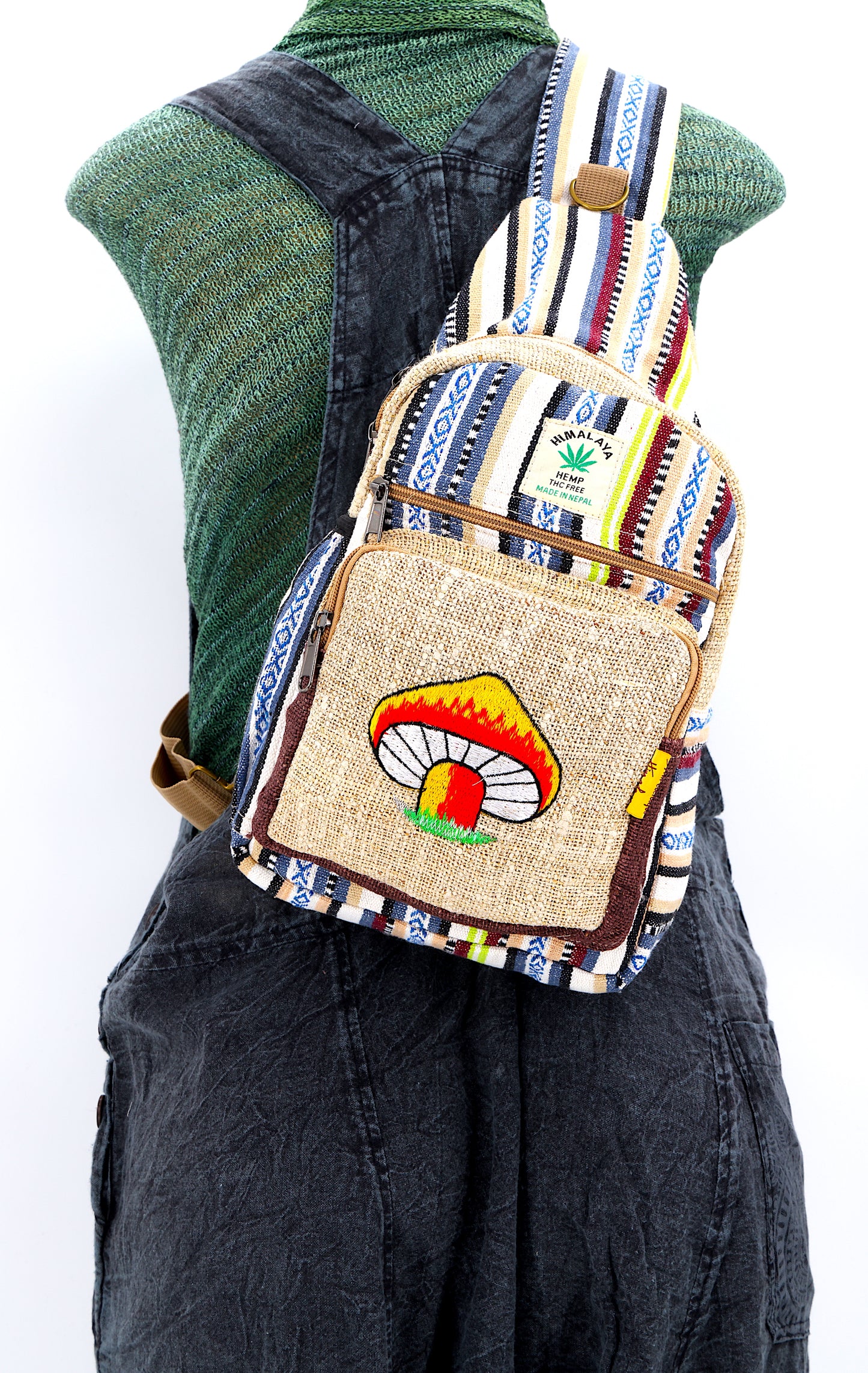 Hemp Mushroom Hand Embroidered Sling Backpack