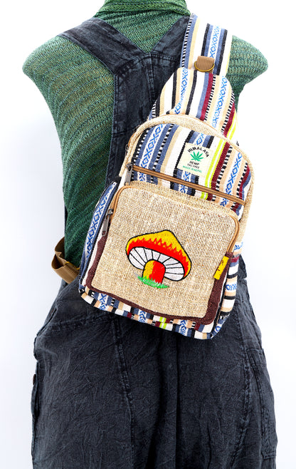 Mushroom Hemp Sling Backpack | Embroidered Shoulder Bag