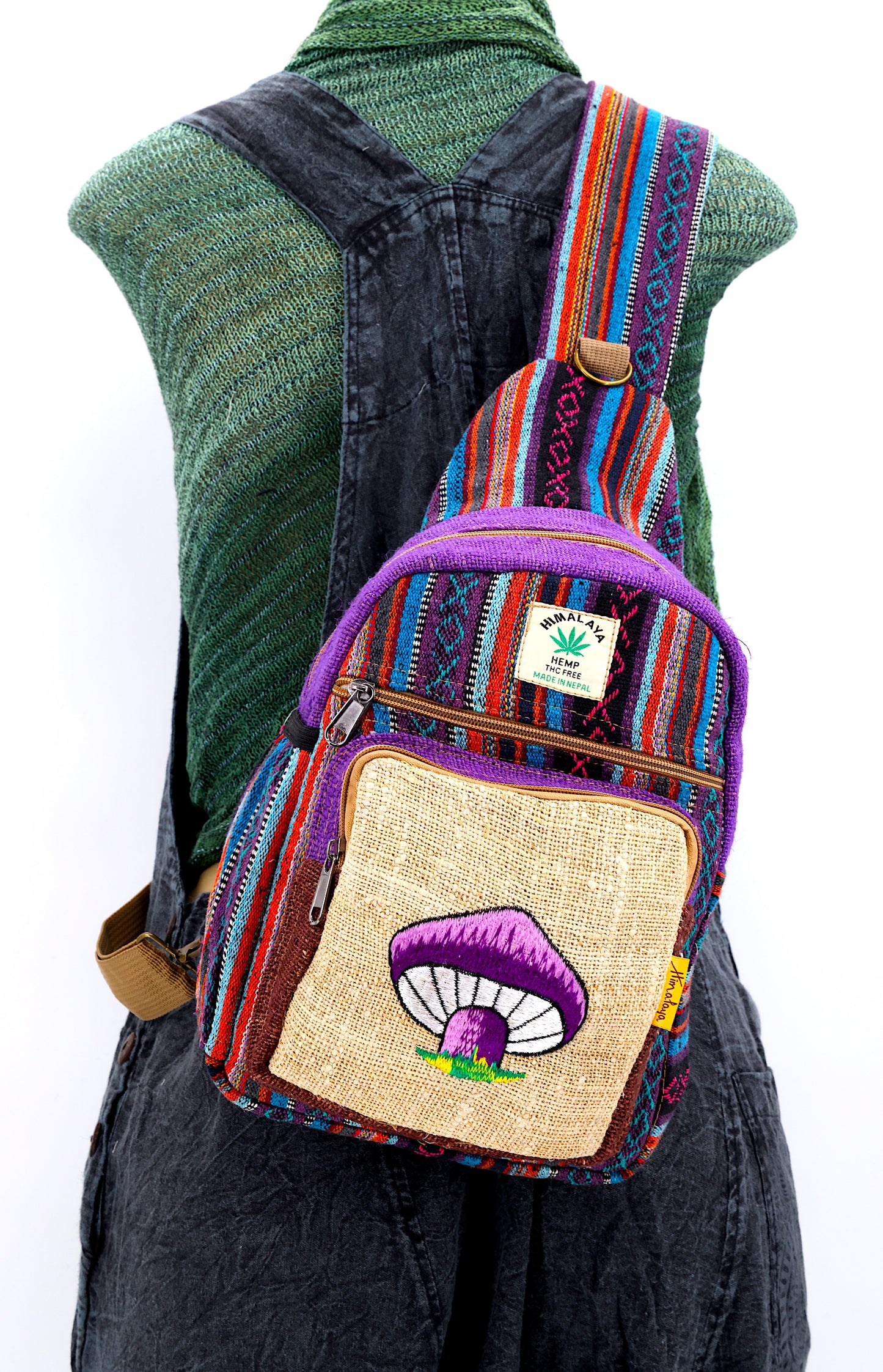 Hemp Mushroom Hand Embroidered Sling Backpack