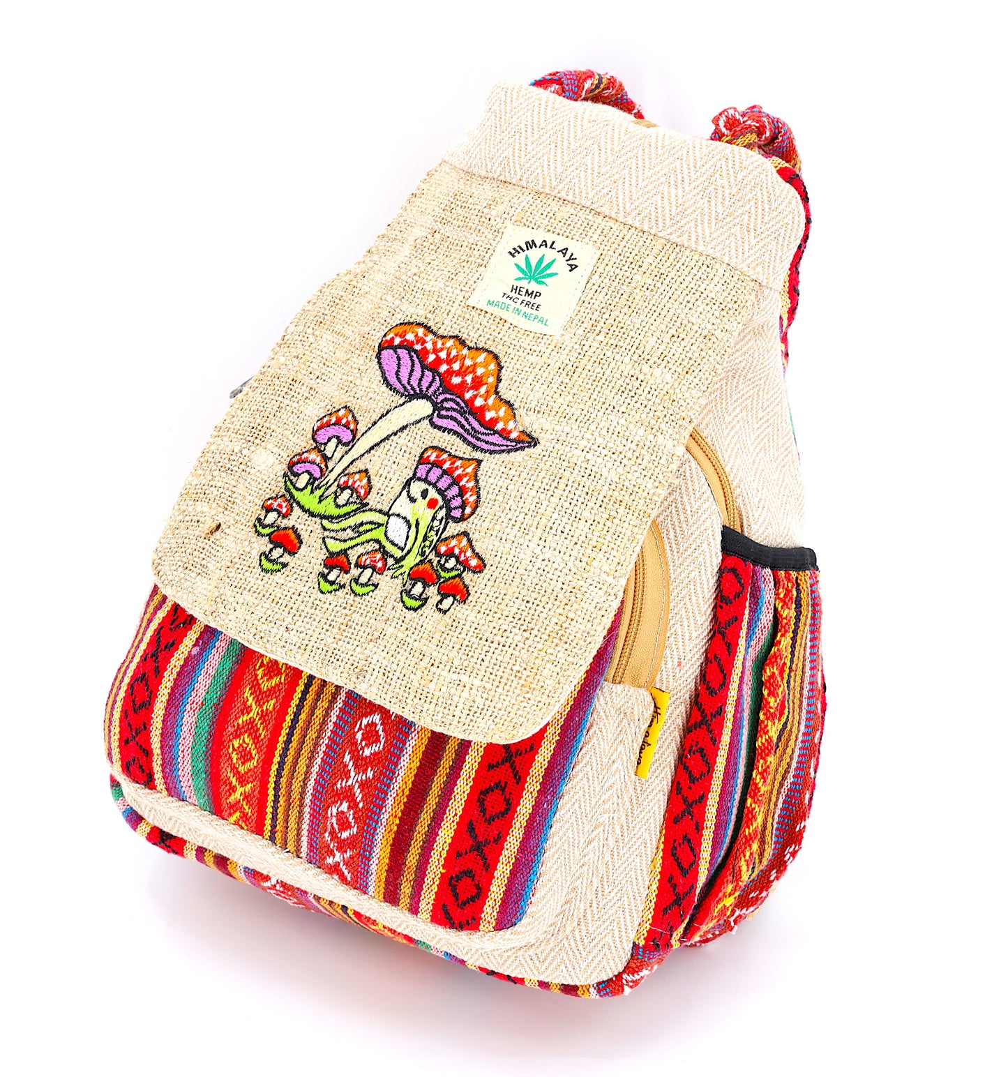 Hemp Frog Mushroom Hand Embroidered Convertible Backpack