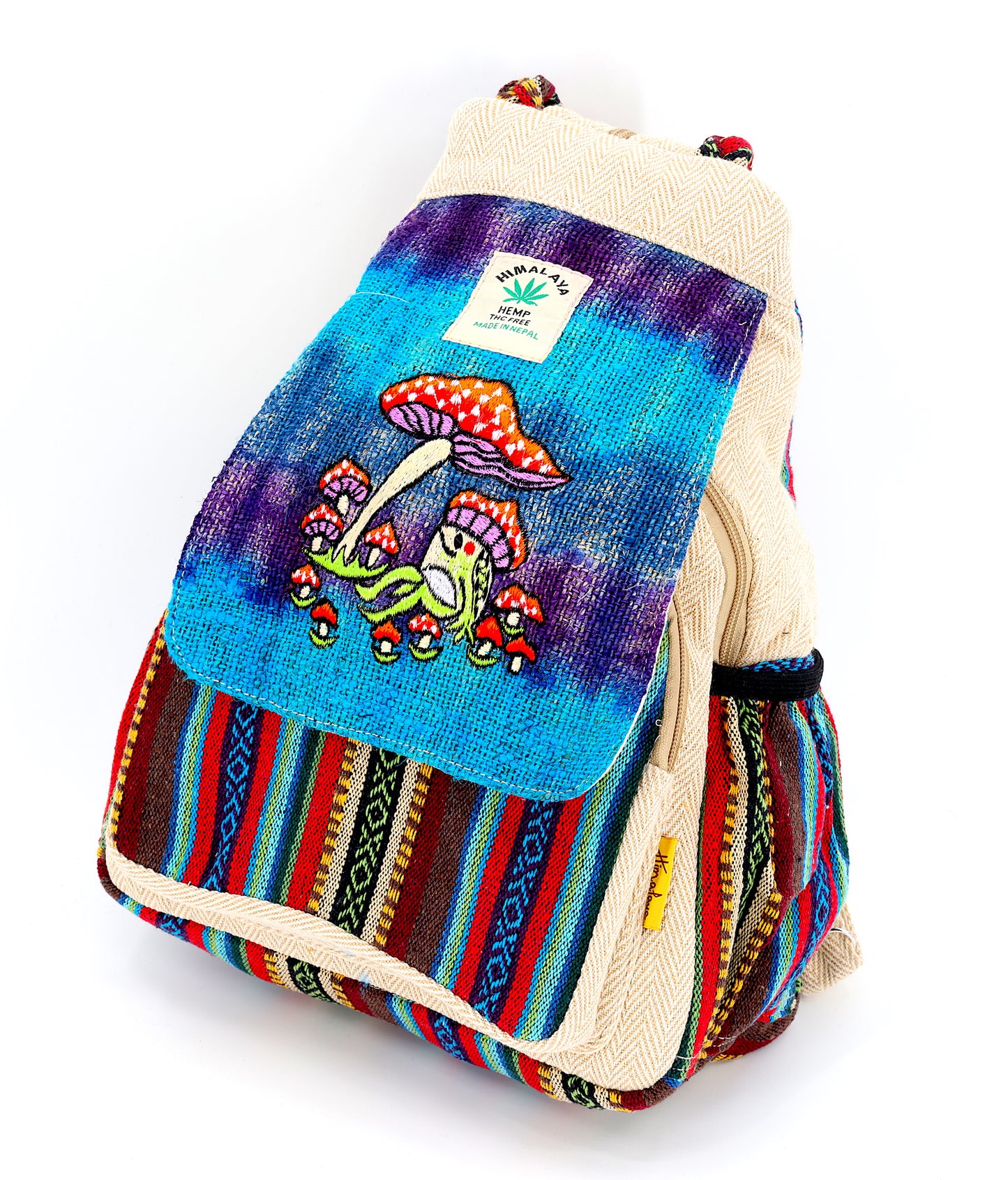 Hemp Frog Mushroom Hand Embroidered Convertible Backpack