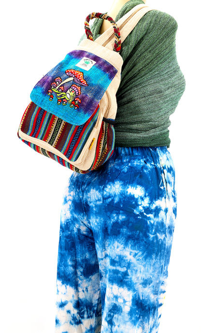 Hemp Frog Mushroom Hand Embroidered Convertible Backpack