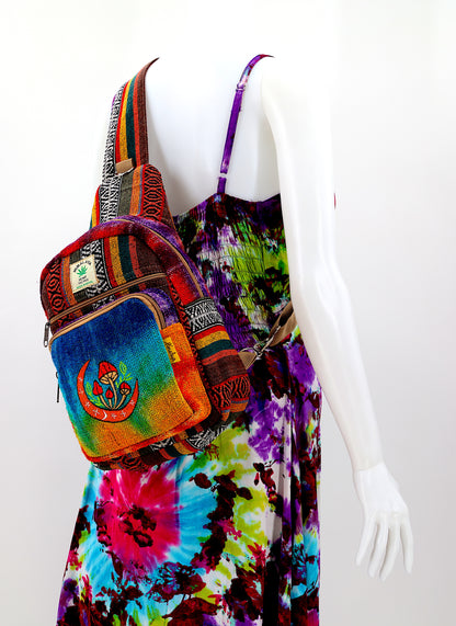 Moon & Mushroom Hemp Sling Backpack | Tie Dye Shoulder Bag