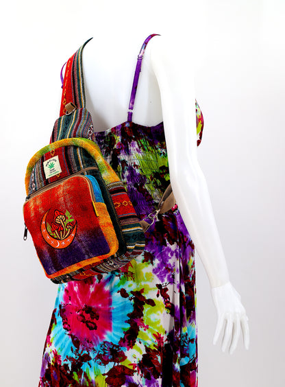 Moon & Mushroom Hemp Sling Backpack | Tie Dye Shoulder Bag