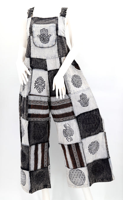 Black & White Patchwork Overalls | Gheri Wide Leg Cotton Jumpsuit