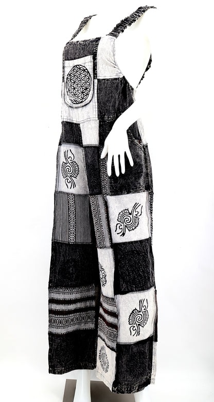 Black & White Patchwork Overalls | Gheri Wide Leg Cotton Jumpsuit