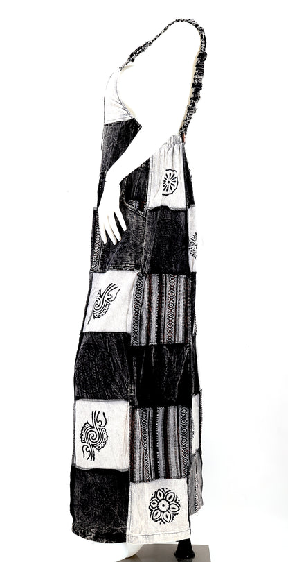 Black & White Patchwork Overalls | Gheri Wide Leg Cotton Jumpsuit