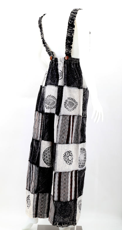 Black & White Patchwork Overalls | Gheri Wide Leg Cotton Jumpsuit