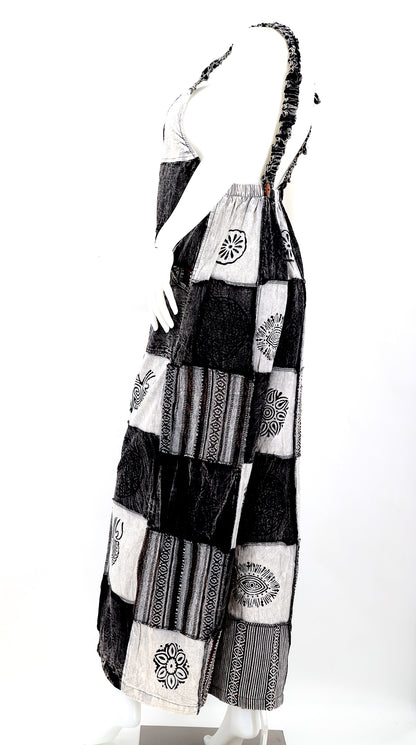 Black & White Patchwork Overalls | Gheri Wide Leg Cotton Jumpsuit