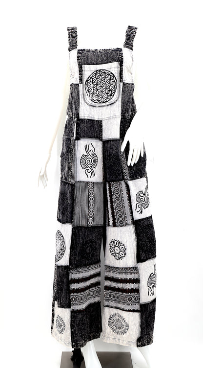 Black & White Patchwork Overalls | Gheri Wide Leg Cotton Jumpsuit