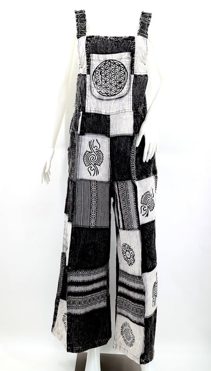Black & White Patchwork Overalls | Gheri Wide Leg Cotton Jumpsuit