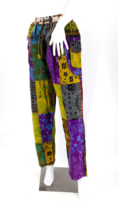 Patchwork Psychedelic Celestial Themed Cotton Straight Leg Pants