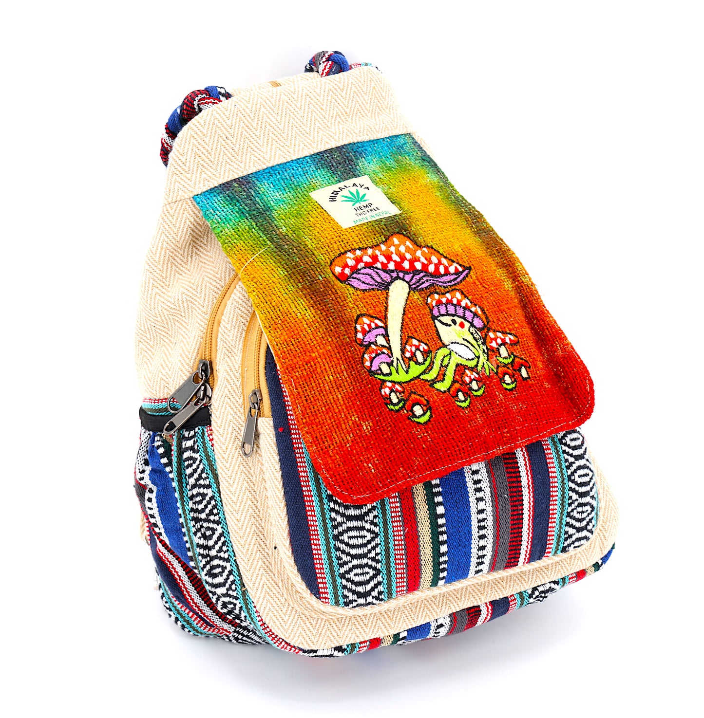 Hemp Frog Mushroom Hand Embroidered Convertible Backpack